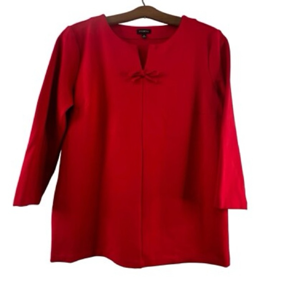 New Talbots Split Neck 3/4 Sleeve Top M Red Bow Ponte Knit NWT $70